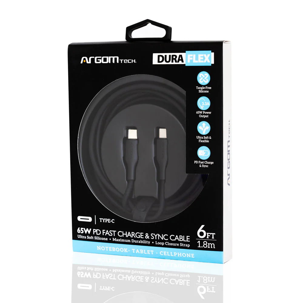 Cable Tipo C A Tipo C 65w Silicon Flexible 1.8mts Argomtech Negro (+IVA)