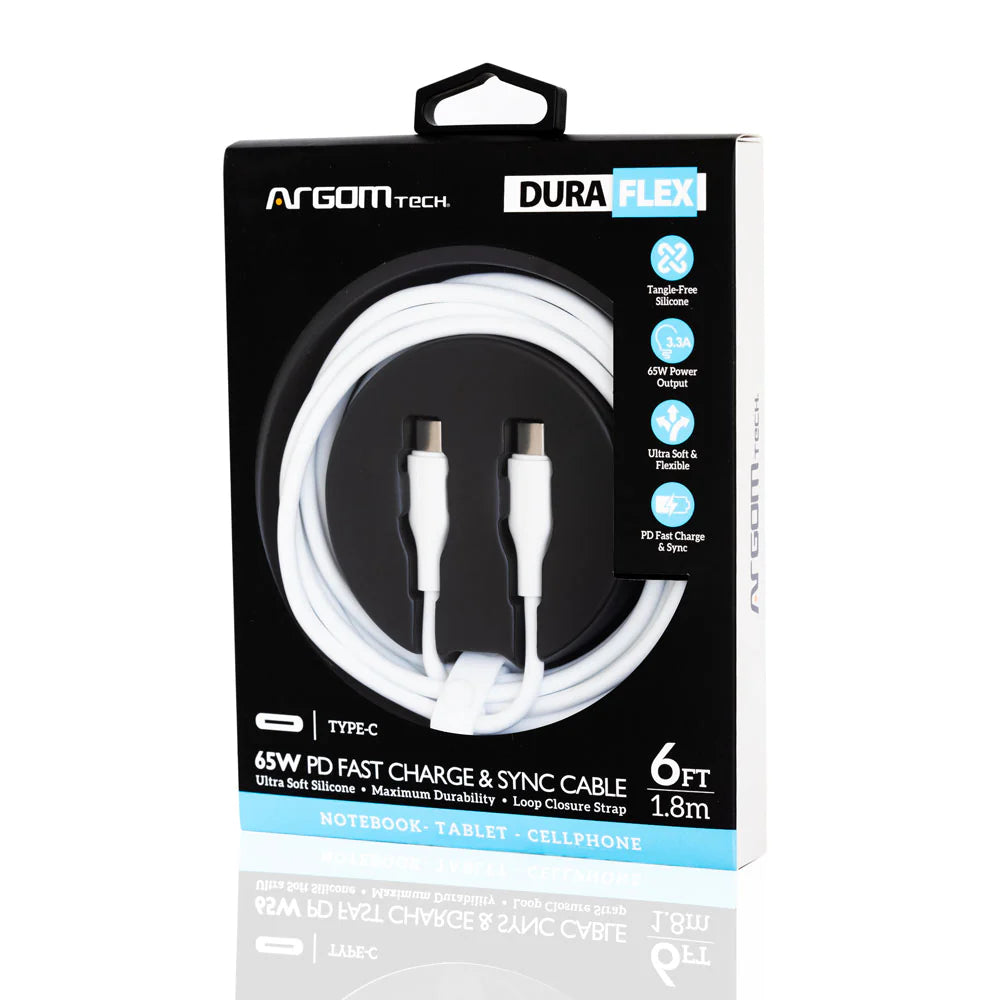 Cable Tipo C A Tipo C 65w Silicon Flexible 1.8mts Argomtech Blanco (+IVA)