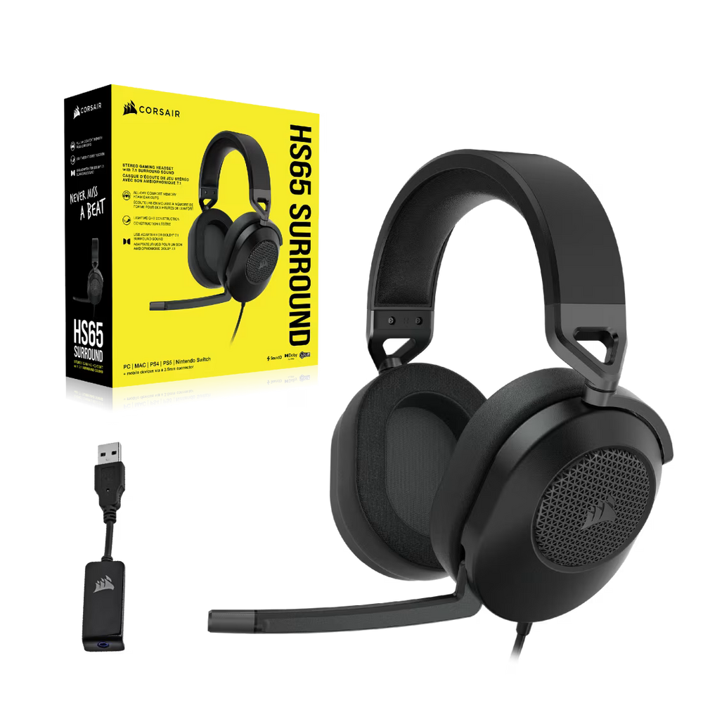 Audífono con Micrófono Corsair Gaming HS65 Surround 3.5mm con Adapt. USB Negro