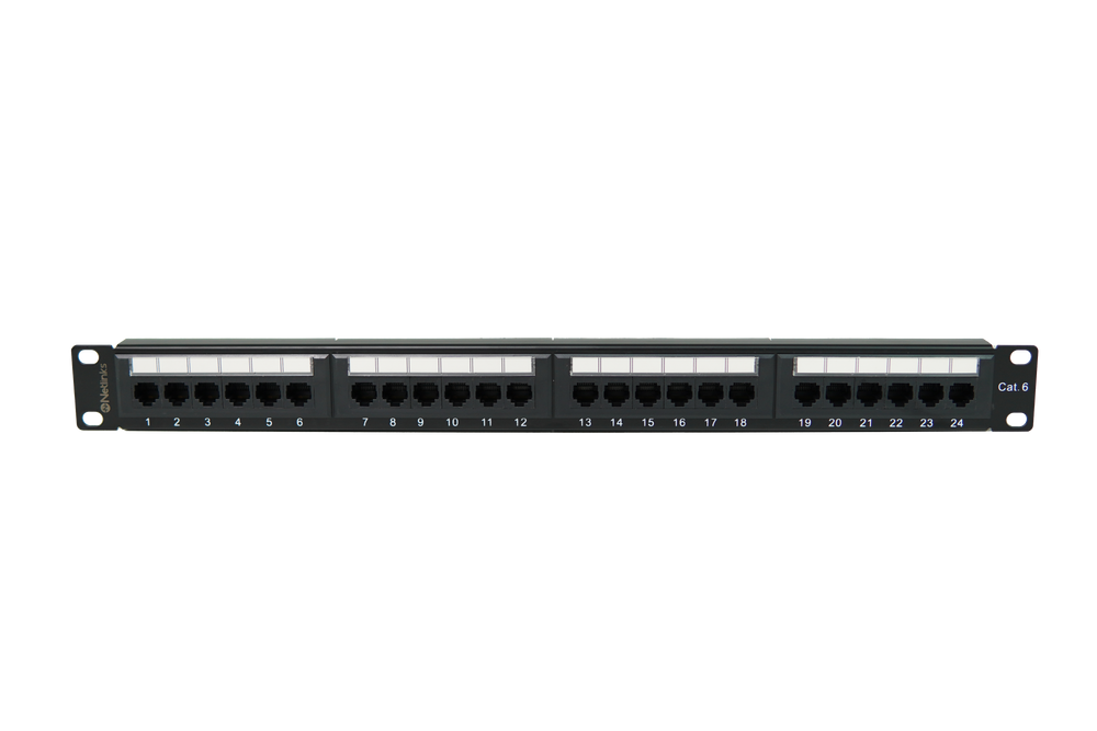 Patch Panel 24 Puertos Cat6 Rackeable Netlinks con soporte para cables (+IVA)
