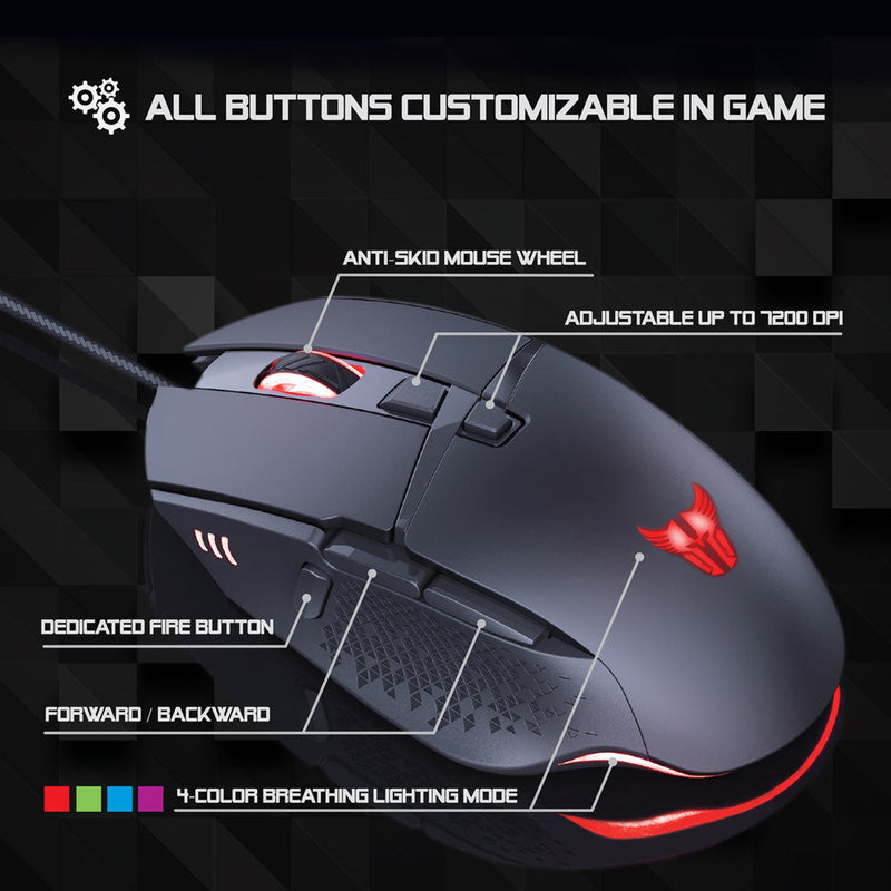 Mouse Gaming Alámbrico 7200 Dpi Negro Con Rojo Argom Tech