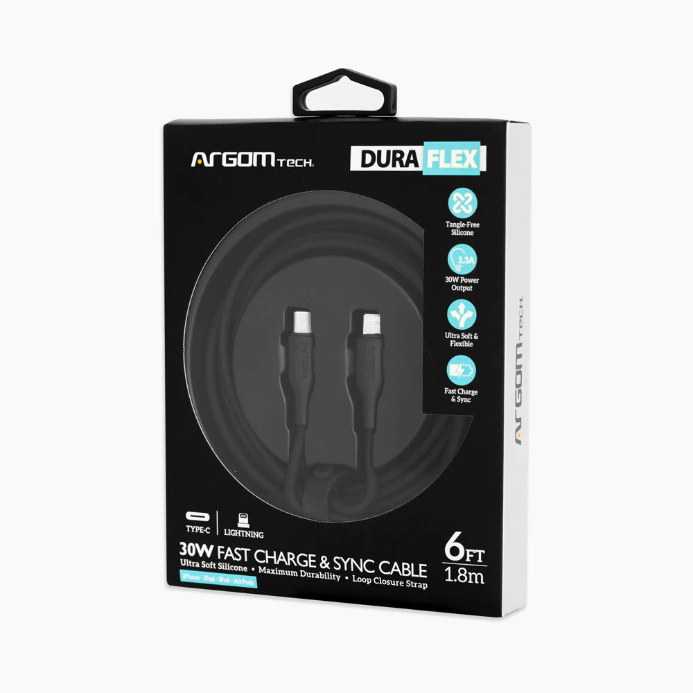 Cable Tipo C A Lightning 30w Silicon Flexible 1.8mts Argomtech Negro (+IVA)