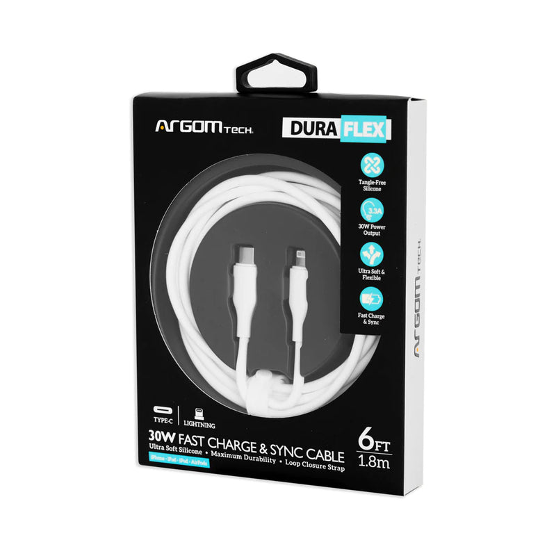 Cable Tipo C A Lightning 30w Silicon Flex 1.8mt Argomtech Blanco (+IVA)