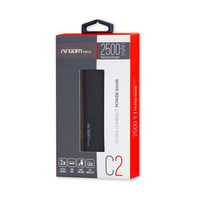 Cargador Power Bank Argom C2 Compact 2500 Mah Negro Portátil