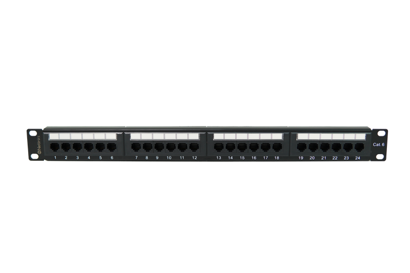 Patch Panel 24 Puertos Cat6 Rackeable Netlinks con soporte para cables