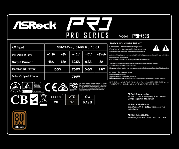 Fuente de Poder ASRock 750W Gaming Pro-750B 80+ Bronce ATX 3.1 Negro