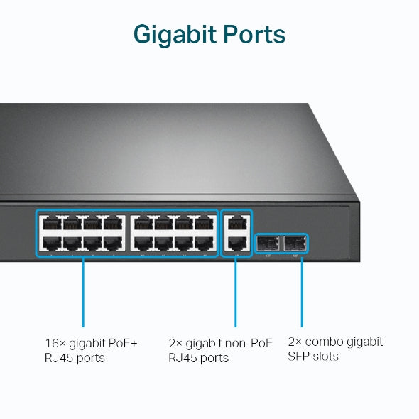 Switch 18 Puertos 10/100/1000 Mbps 16 Poe+ RJ45  Tl-sg1218mp TP-Link