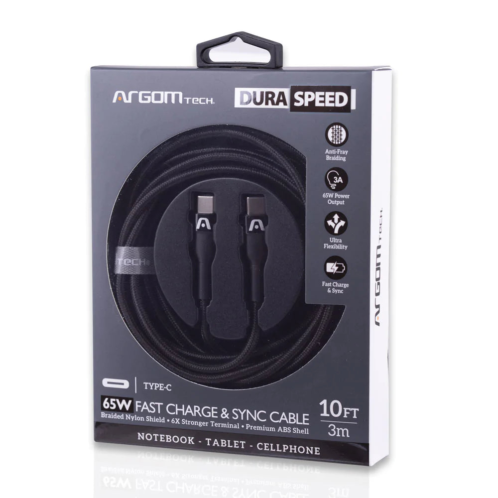 Cable Tipo C A C Nylon Trenzado Negro Carga rápida 65W Argom Tech 3 Metros (+IVA)