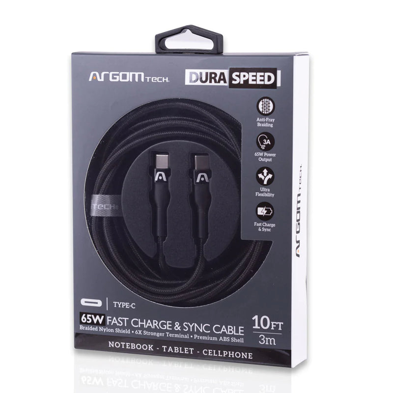 Cable Tipo C A C Nylon Trenzado Negro Carga rápida 65W Argom Tech 3 Metros