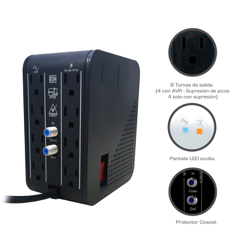 Regulador De Voltaje 1000VA 500W 8 Tomas CDP 1año Garantía (+IVA)