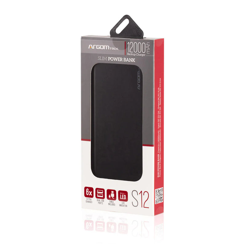 Cargador Power Bank Argom Tech S12 12000 Mah Negro Portátil Premium Slim