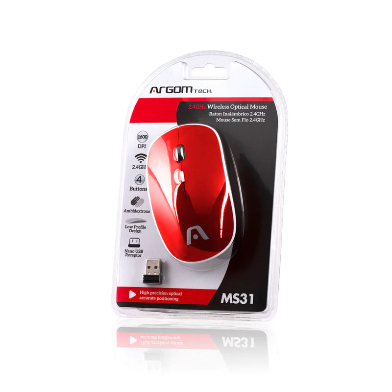 Mouse Óptico Inalambrico 2.4ghz USB Ms31 Argom Tech Rojo